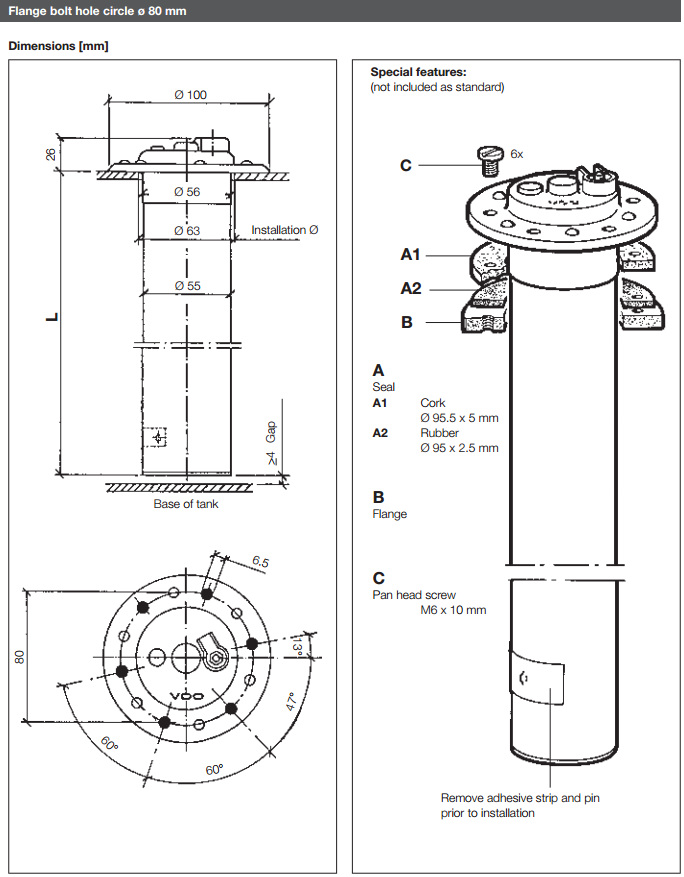 VDO Tube type Fuel Level Sender Boat Marine 946mm 37.2" X10224014023
